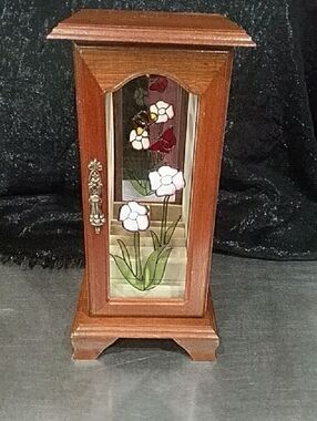 Wood Jewelry Cabinet with Floral Stained-Glass Door - Brown